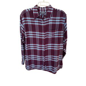 Women's Lands' End boyfriend plaid flannel shirt size 10 Tall Soft Blue Burgundy